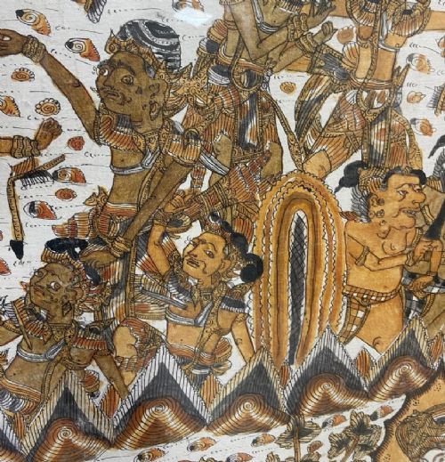 A framed narrative Balinese Kamasan textile painting featuring depictions of figures, warriors, and deities arranged in two horizontal registers using natural ochre and black pigments. View III