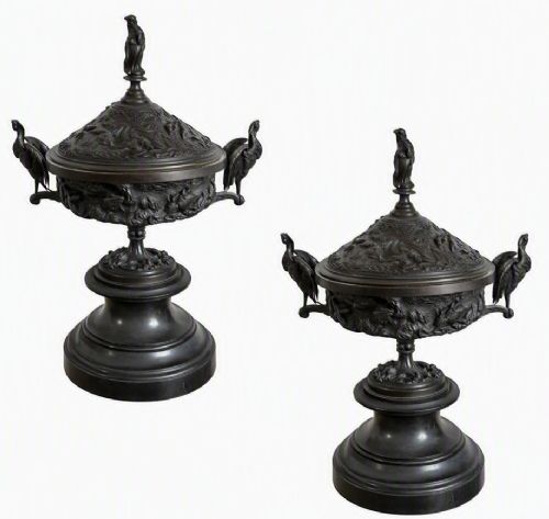 Pair of Late 19th‑century French Bronze Urns by Jules Moigniez — Coupe Aux Cigognes