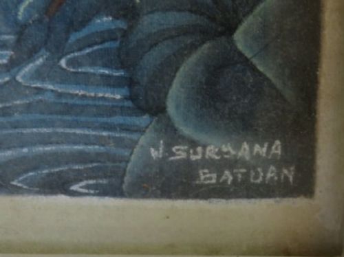 A tall, narrow framed vintage Balinese watercolour painting on fabric depicting narrative village figures and tropical foliage in shades of blue and teal. View II