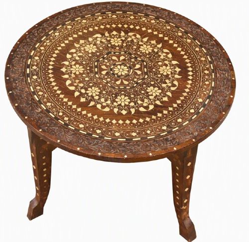 Anglo-indian Circular Carved and Bone Inlaid Occasional Table Stamped Liberty & Co