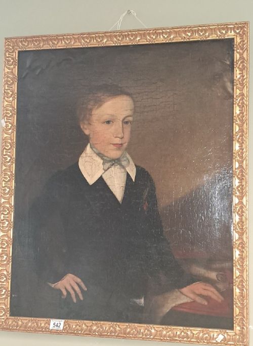 An antique oil portrait depicting a young male scholar in a dark blue coat and white collar, set in a gilded ornate frame. View VII