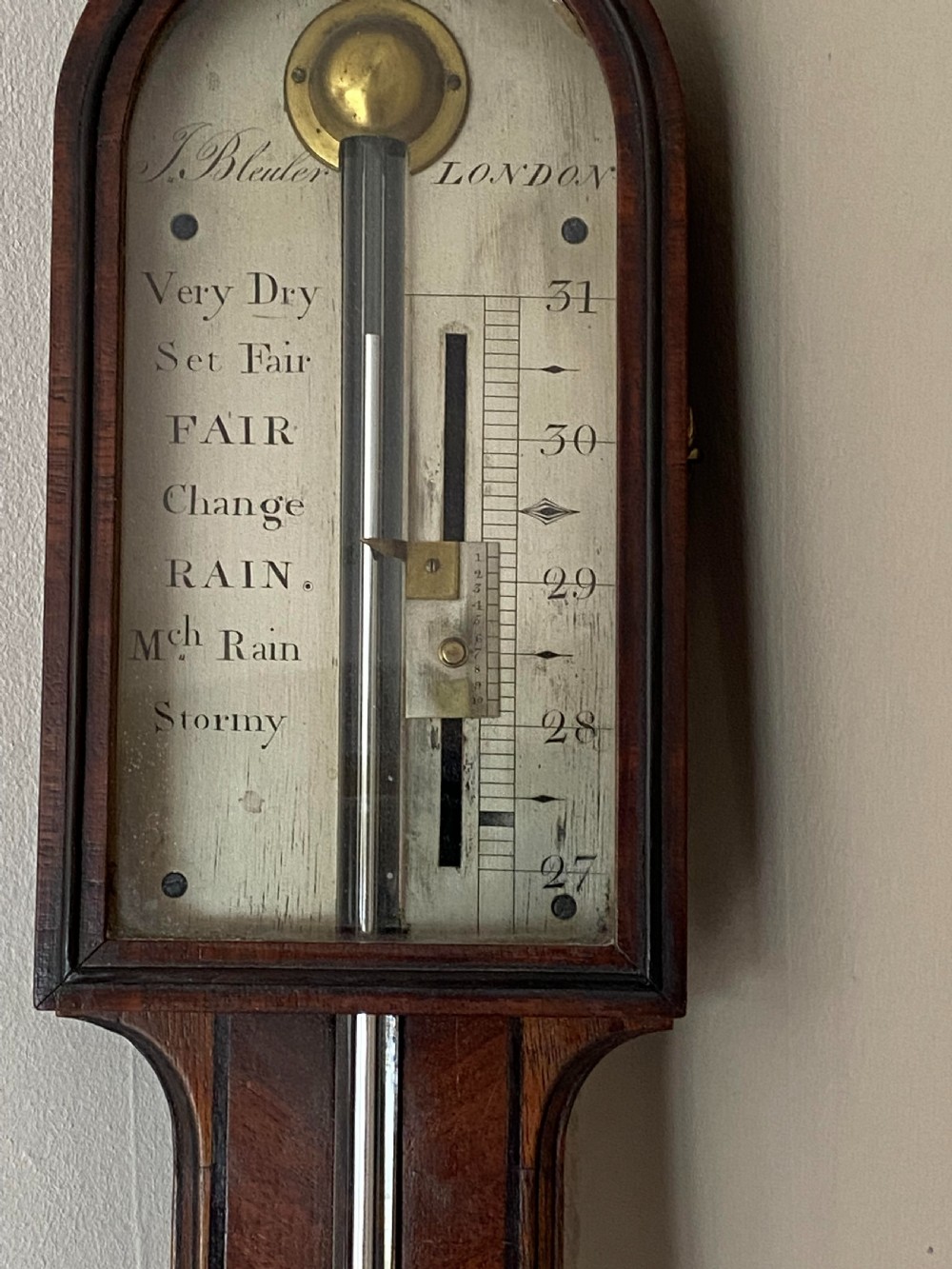 George III Walnut and ebony inlaid stick barometer - John Bleuler View II