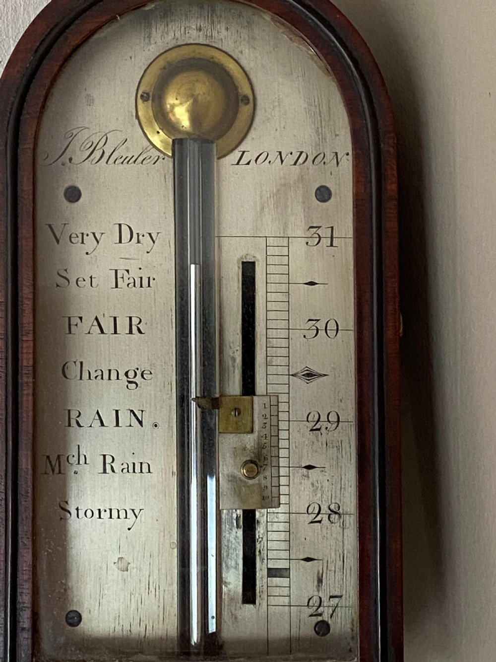 George III Walnut and ebony inlaid stick barometer - John Bleuler View V