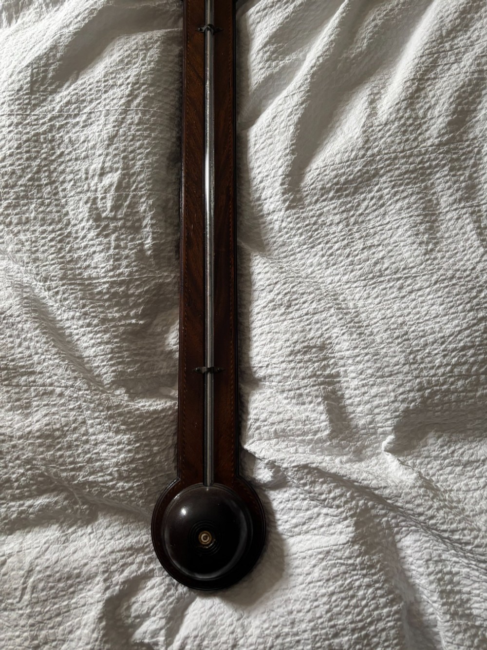 A Regency mahogany stick barometer featuring a pediment top, central mercury tube, thermometer, and an engraved silvered brass scale signed P. Caminada Taunton. View VII