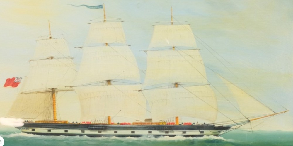 A mid-nineteenth-century marine oil painting depicting a three-masted ship sailing on a choppy sea, enclosed in a moulded wooden frame with a gilt slip. View V
