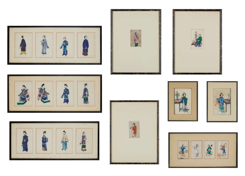 A set of twenty-one framed nineteenth-century Chinese pith paper paintings depicting various figures in traditional Qing dynasty costume, mounted in dark frames.