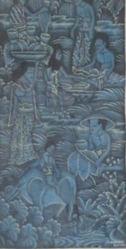 A tall, narrow framed vintage Balinese watercolour painting on fabric depicting narrative village figures and tropical foliage in shades of blue and teal. View III