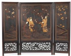 SUPERB JAPANESE HARDWOOD AND LACQUERED THREE FOLD SCREEN WITH BONE INLAY