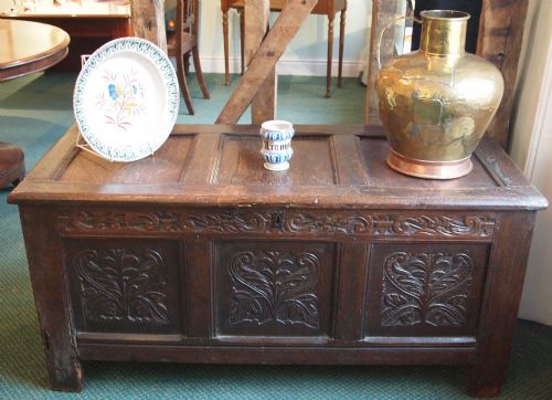 18th C Oak Carved Coffer - Carved Front Panels & Frieze