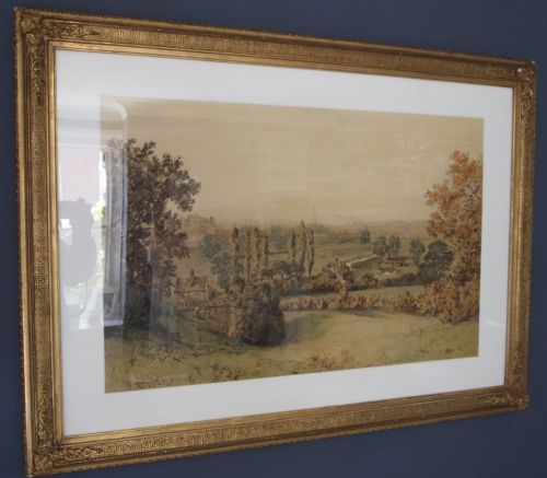 fig 2. A 19th-century watercolour landscape painting depicting a pastoral scene with mature trees, cottages, and the distant spire of Norwich visible across the River Yare valley.