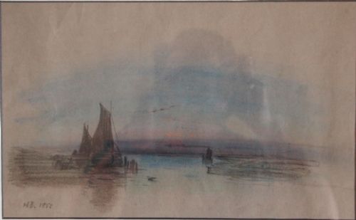 fig 1. A framed nineteenth-century maritime watercolour depicting sailing vessels on calm water under a muted blue sky, surrounded by a wide white mount and a simple gilt frame.