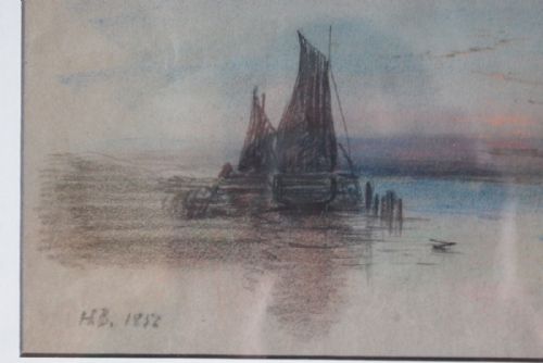fig 2. A framed nineteenth-century maritime watercolour depicting sailing vessels on calm water under a muted blue sky, surrounded by a wide white mount and a simple gilt frame.