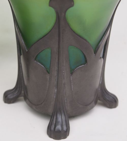 PAIR LARGE ART NOUVEAU LOETZ BRONCE GLATT VASE IN J REINEMANN PEWTER STAND - ADDITIONAL PHOTO 1
