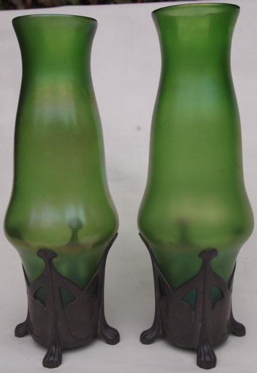 PAIR LARGE ART NOUVEAU LOETZ BRONCE GLATT VASE IN J REINEMANN PEWTER STAND - ADDITIONAL PHOTO 3
