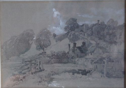 fig 1. A 19th-century monochrome drawing depicting a ruined castle gate, cottage, and pond mounted on a white mat.