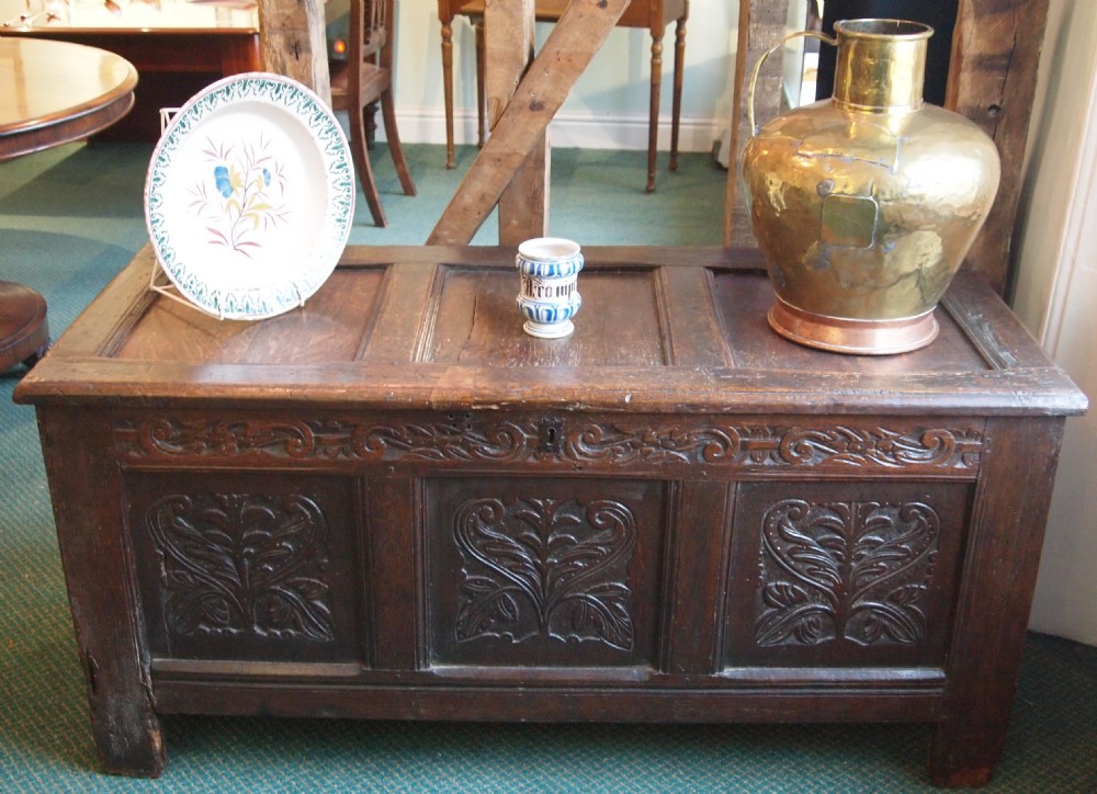 18th C Oak Carved Coffer - Carved Front Panels & Frieze 