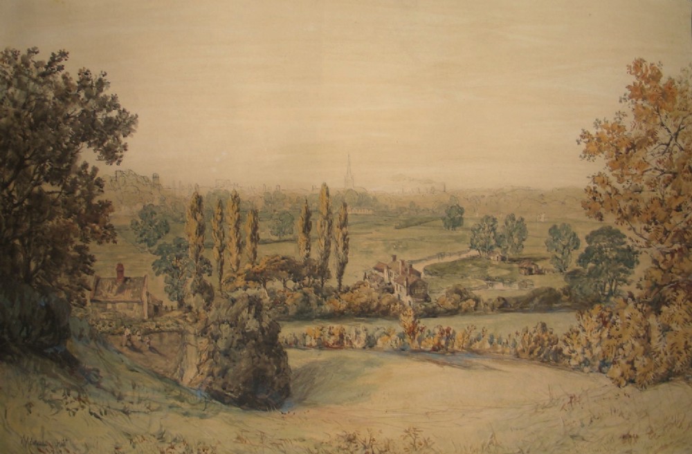A 19th-century watercolour landscape painting depicting a pastoral scene with mature trees, cottages, and the distant spire of Norwich visible across the River Yare valley.