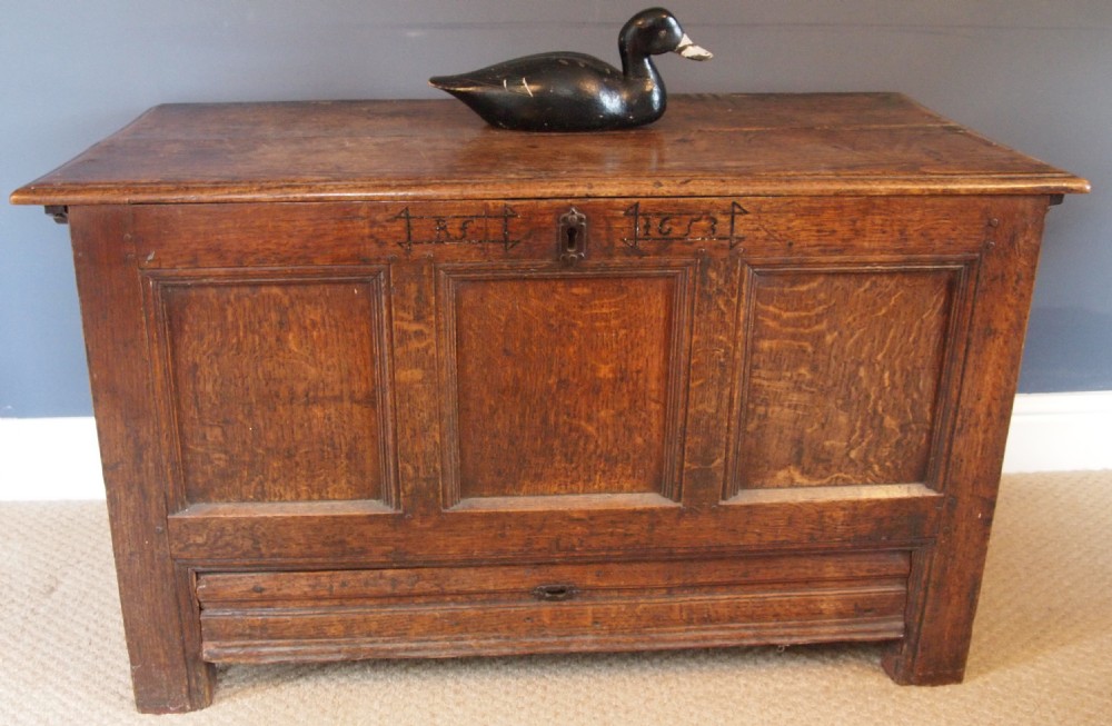 17th Century Oak Mule Chest inscribed RF 1653 - English Commonwealth Period, Cromwell Appointed 1653