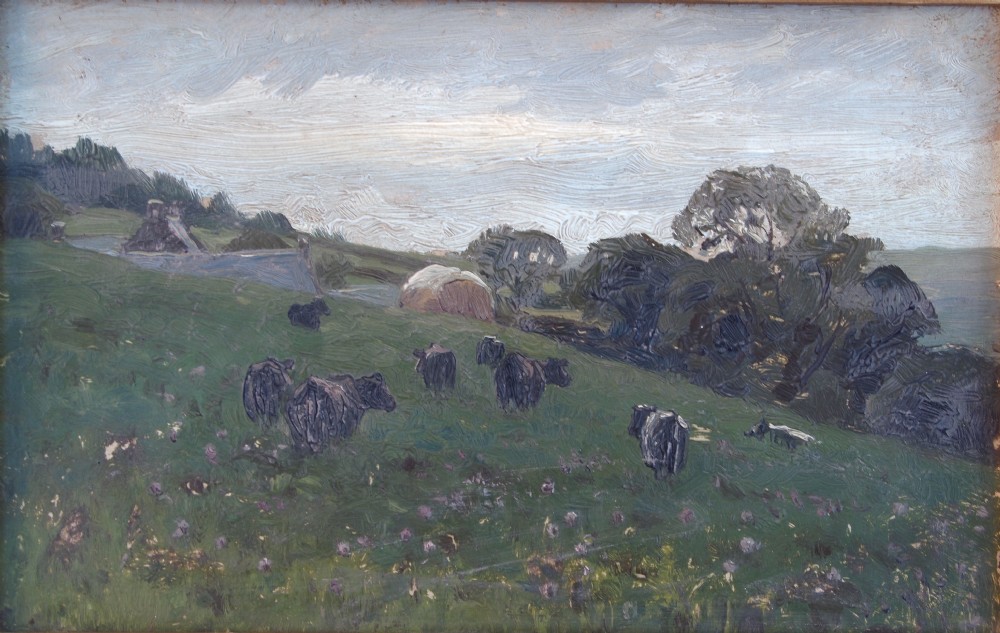 An antique oil painting depicting cattle grazing on a green hillside under a pale grey sky with distant trees.