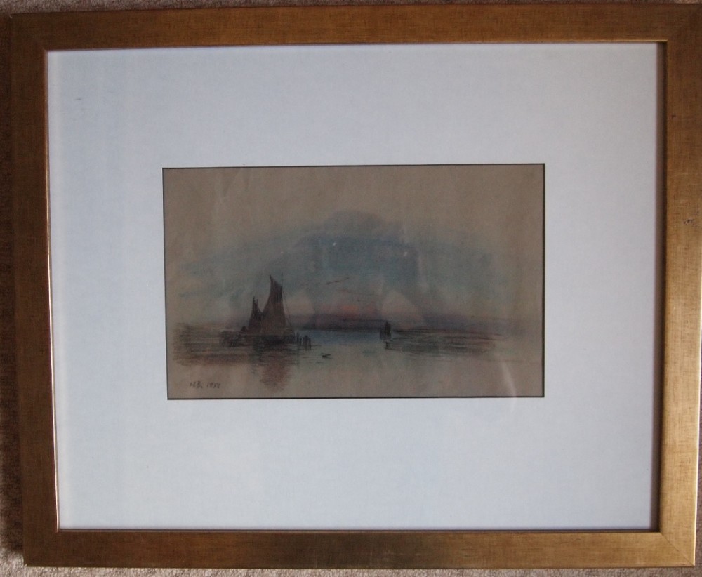 A framed nineteenth-century maritime watercolour depicting sailing vessels on calm water under a muted blue sky, surrounded by a wide white mount and a simple gilt frame.