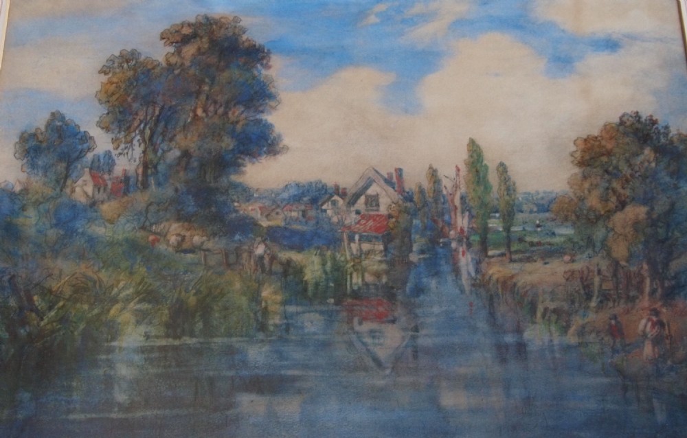 A 19th-century watercolour landscape painting depicting a calm river lined with mature trees, thatched cottages, and a blue sky with soft white clouds.