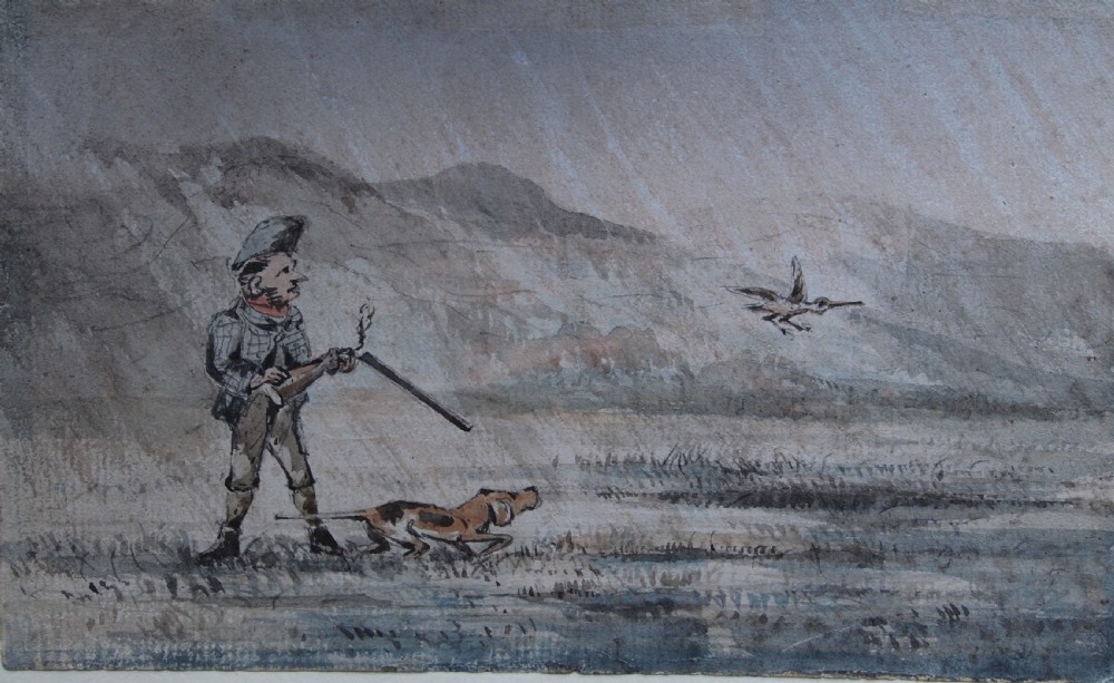 An Edwardian watercolour and ink illustration depicting a shooter in tweed with a gundog and a flying gamebird in a misty landscape.