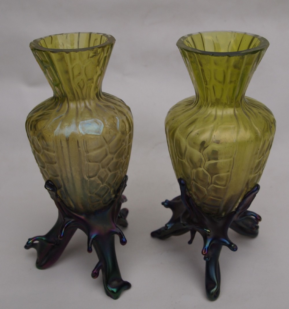 Pair Iridescent Green Glass Vases, Faux Coral stands - C1900