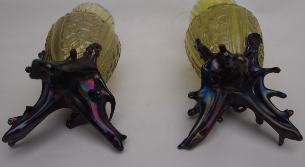 Pair Iridescent Green Glass Vases, Faux Coral stands - C1900 View II