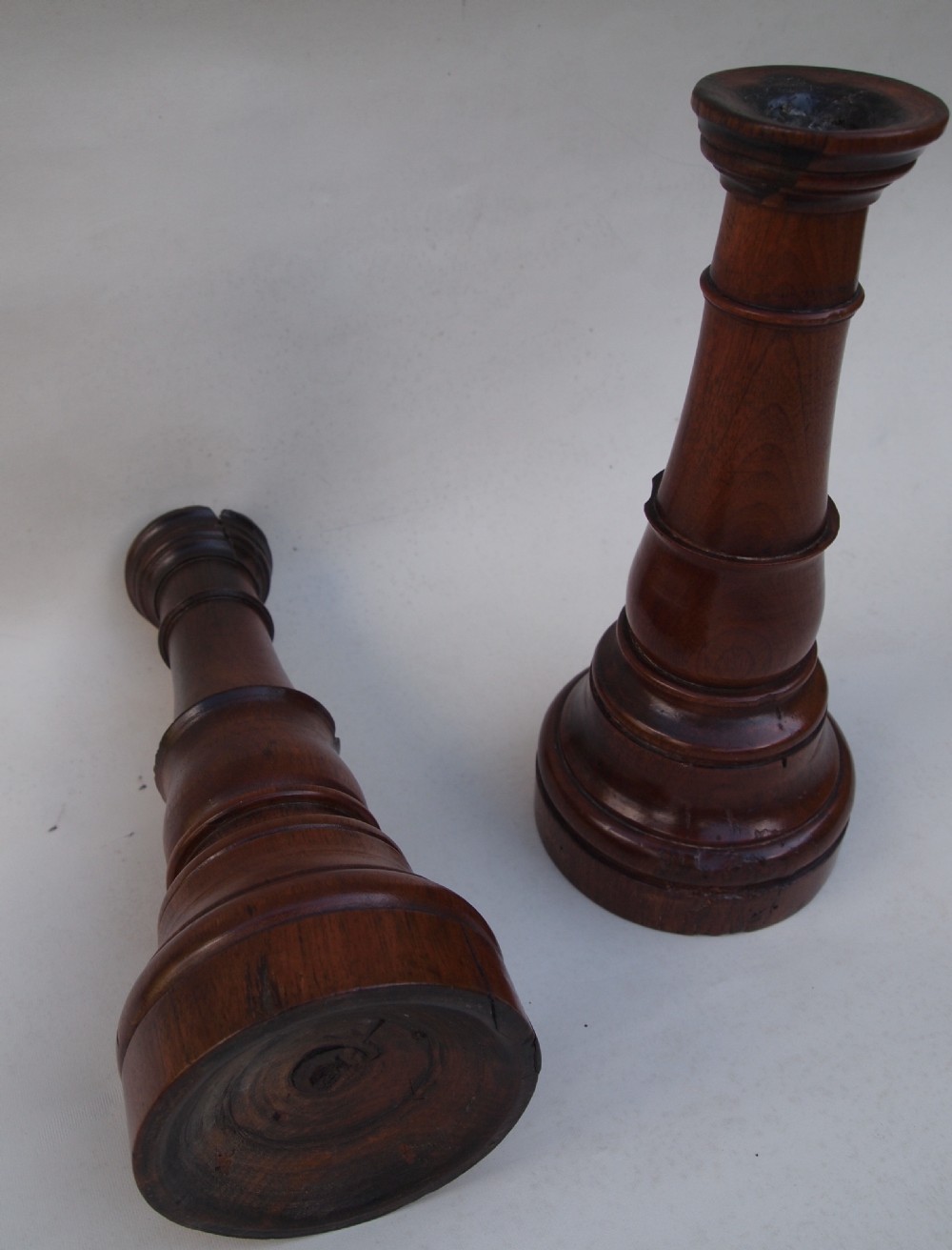 Pair Early 19th C Fruit Wood Candle Sticks View II