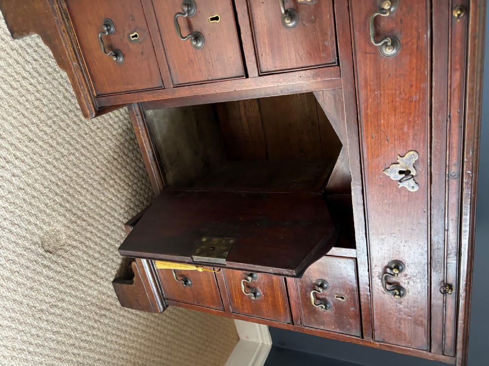 An antique Georgian Cuban mahogany kneehole desk featuring six small pedestal drawers flanking a central recessed arched cupboard door, a full-width top drawer, brass handles, and bracket feet. View IV