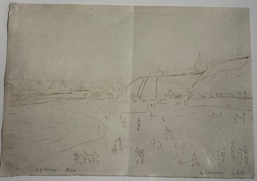 A mid-20th-century pen and ink drawing on paper depicting a coastal beach scene with stylised human figures and cliffs, signed LS Lowry 1960.