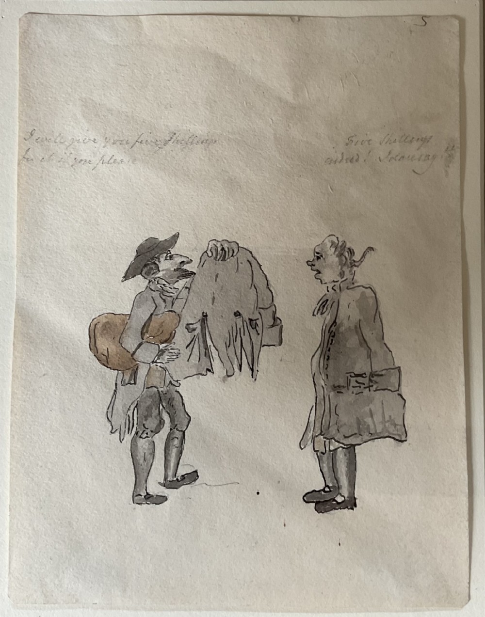 A Georgian pen, ink, and wash sketch on paper depicting two men negotiating over a garment in the satirical caricaturist style of Thomas Rowlandson.