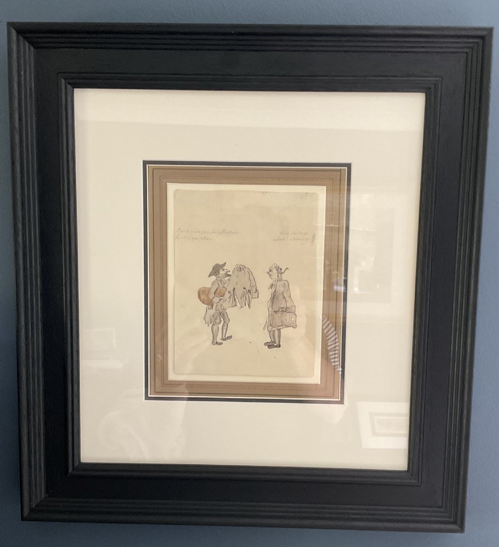 A Georgian pen, ink, and wash sketch on paper depicting two men negotiating over a garment in the satirical caricaturist style of Thomas Rowlandson. View II