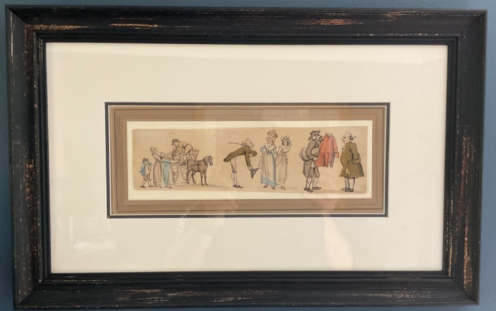 A panoramic 19th-century hand-coloured satirical print on paper featuring multiple Georgian figure studies in caricature style. View II