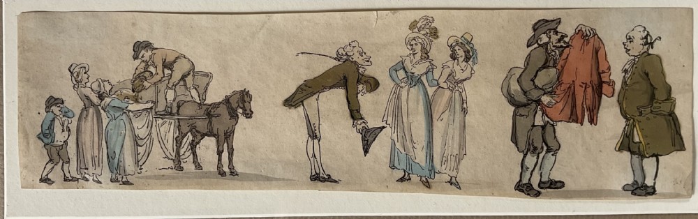 A panoramic 19th-century hand-coloured satirical print on paper featuring multiple Georgian figure studies in caricature style.