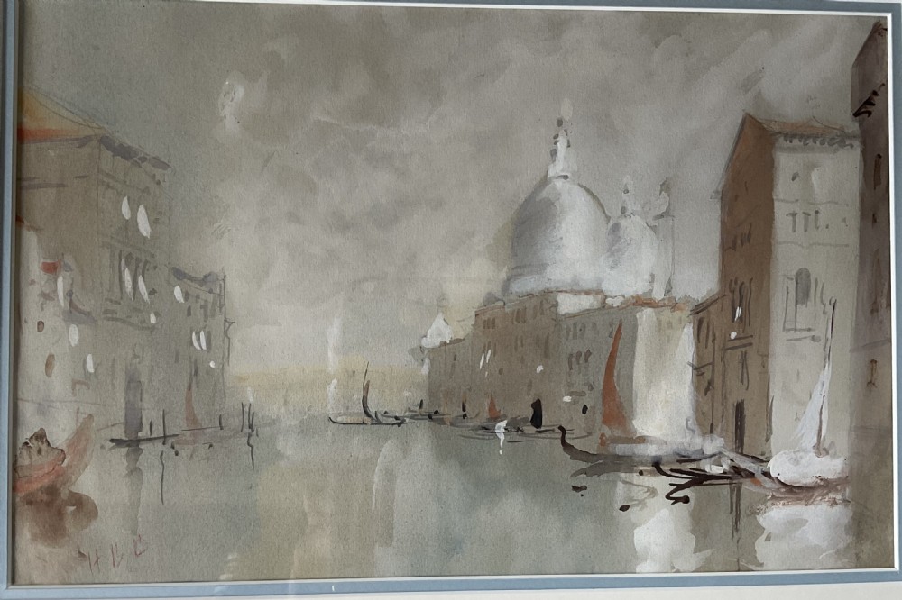 An impressionistic watercolour painting depicting the Grand Canal in Venice with gondolas, surrounding architecture, and the dome of Santa Maria della Salute under a hazy sky.