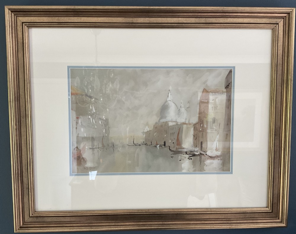 An impressionistic watercolour painting depicting the Grand Canal in Venice with gondolas, surrounding architecture, and the dome of Santa Maria della Salute under a hazy sky. View II