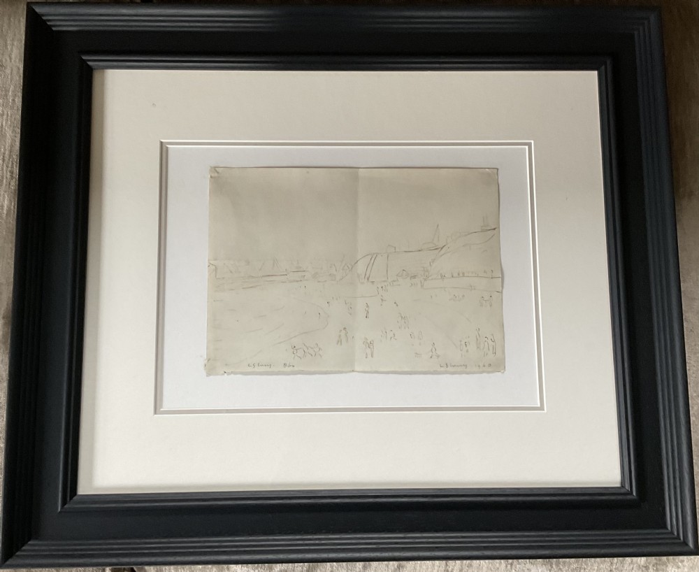 A mid-20th-century pen and ink drawing on paper depicting a coastal beach scene with stylised human figures and cliffs, signed LS Lowry 1960. View IV