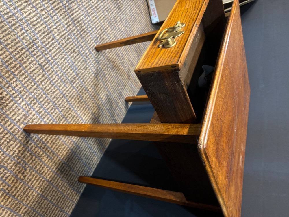 A 19th-century elm side table with a single drawer featuring two brass drop handles and square legs. View III