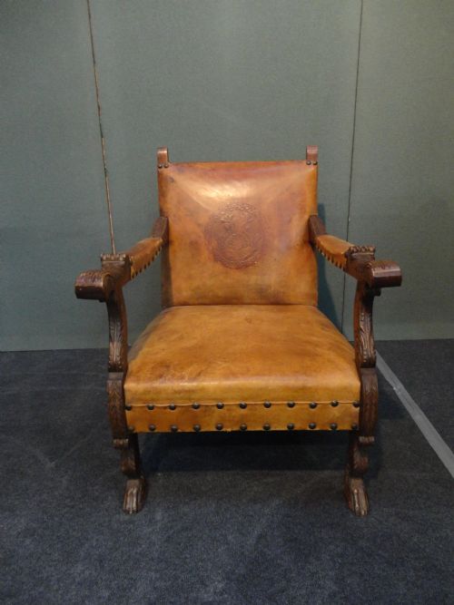 Pair of French Carved Wood and Leather Armchairs.