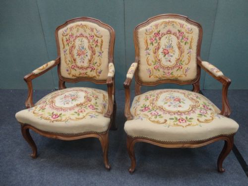 Pair of French Carved Walnut Tapestry Armchairs