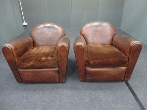 Pair of French Leather Club Armchairs