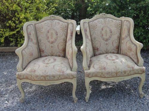 Pair of French Louis Xv Style Carved Wood Painted Upholstered Salon Armchairs.