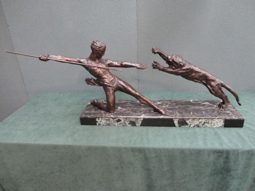 Art Deco Bronze Sculpture of a Warrior Fighting a Tiger.