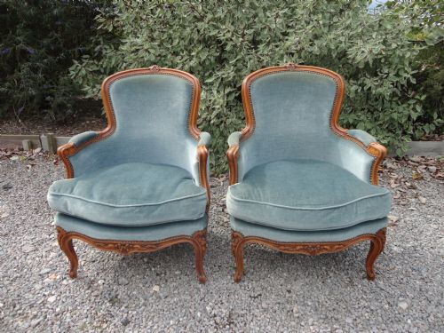 Pair of French Walnut Upholstered Armchairs