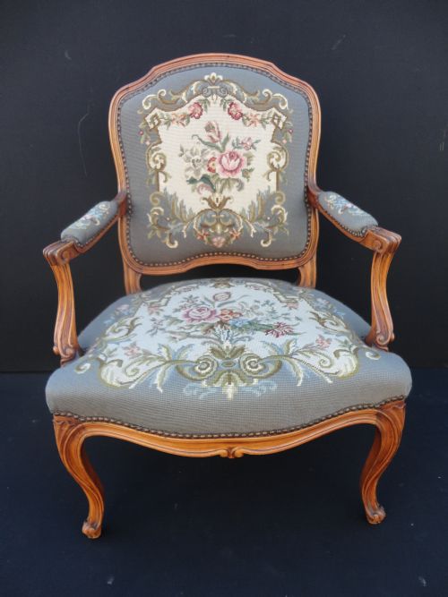 French Carved Walnut Armchair with Tapestry Upholstery