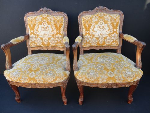 Pair of French Carved Walnut Louis Xv1 Style Armchairs