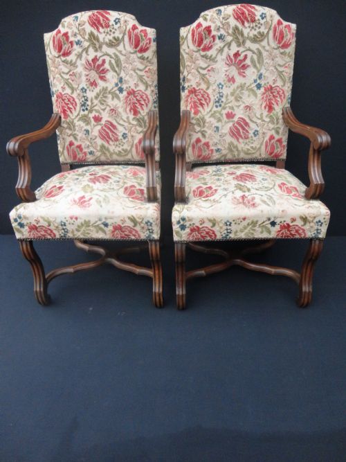 Pair of French Carved Walnut Tapestry Armchairs