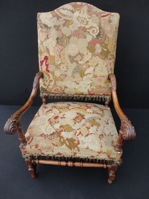 French Carved Walnut Tapestry Armchair