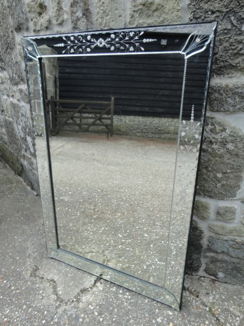 Italian Venetian Mirror with Flower and Leaf Etching.